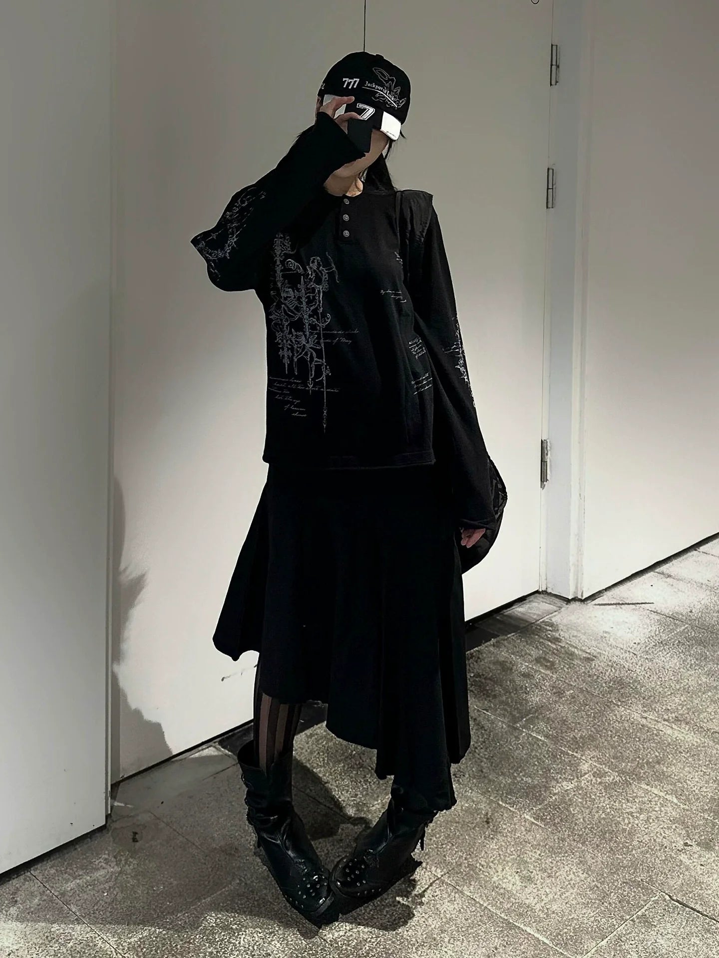 Y2K Subculture Rune Print Henley Long Sleeve Tee Loose Fit Punk Visual Kei Base Layer Top