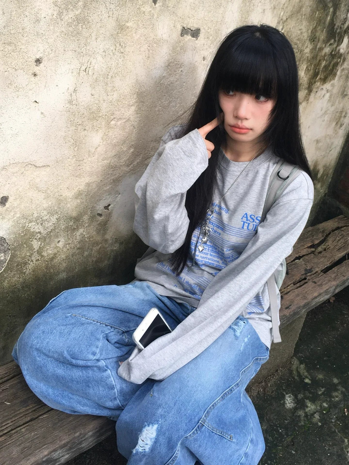 Vintage Gray Music Print Long Sleeve Top for Autumn Winter