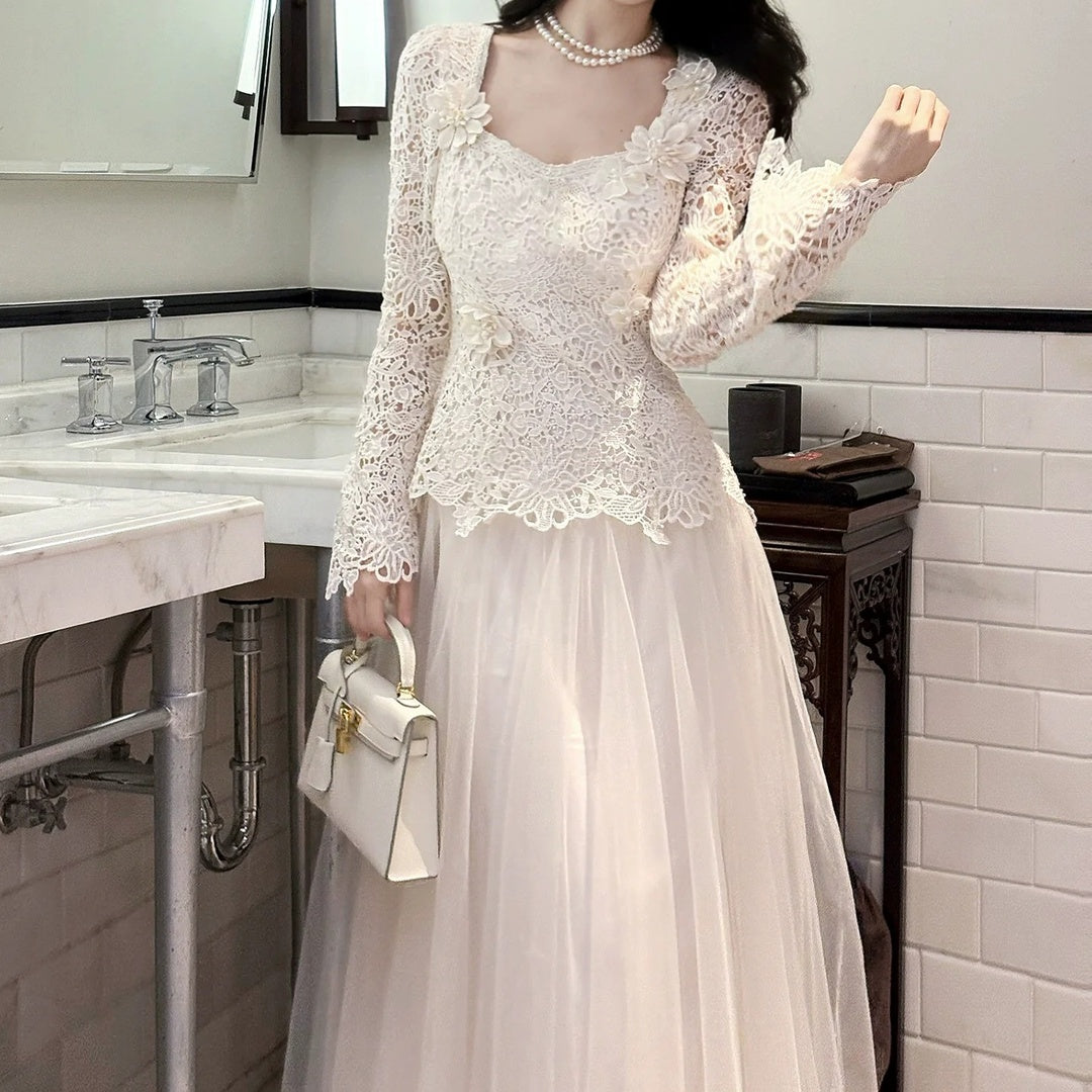 White Floral Lace Long Sleeve Gown Prom Dress