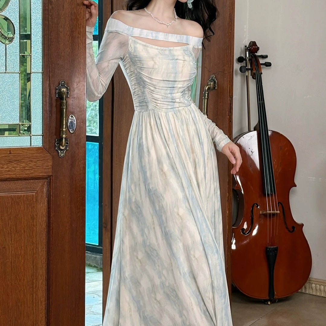 French Blue Printed One Shoulder Long Sleeve Gown Dress