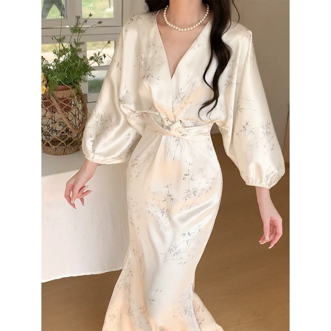 New Chinese Style Long Sleeve White Satin Gown Dress – National Elegant Dress