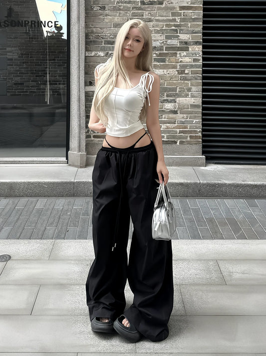 Retro Low Waist Wide Leg Pants Casual Trousers