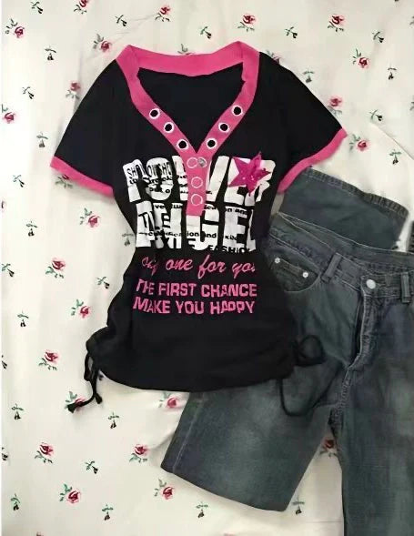 Black Color-Block V-neck Subculture Y2K E-girl Abi American Retro Side Drawstring Short Sleeve Top