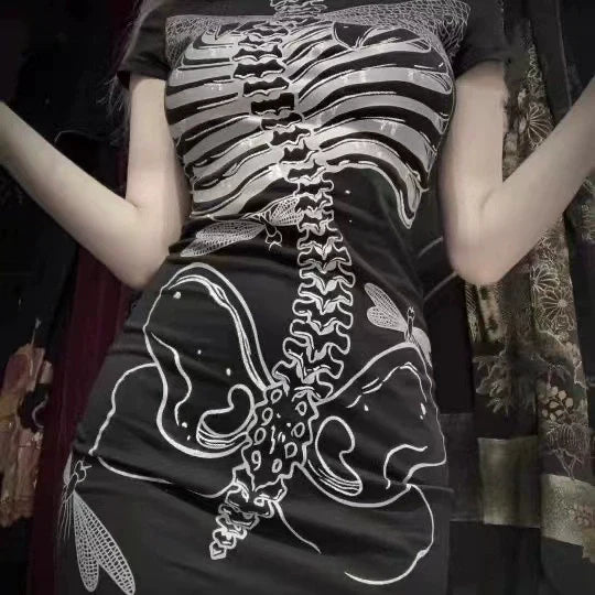 Black Bodycon Subculture Punk Y2K E-girl Gothic Skull Skeleton Print Dress