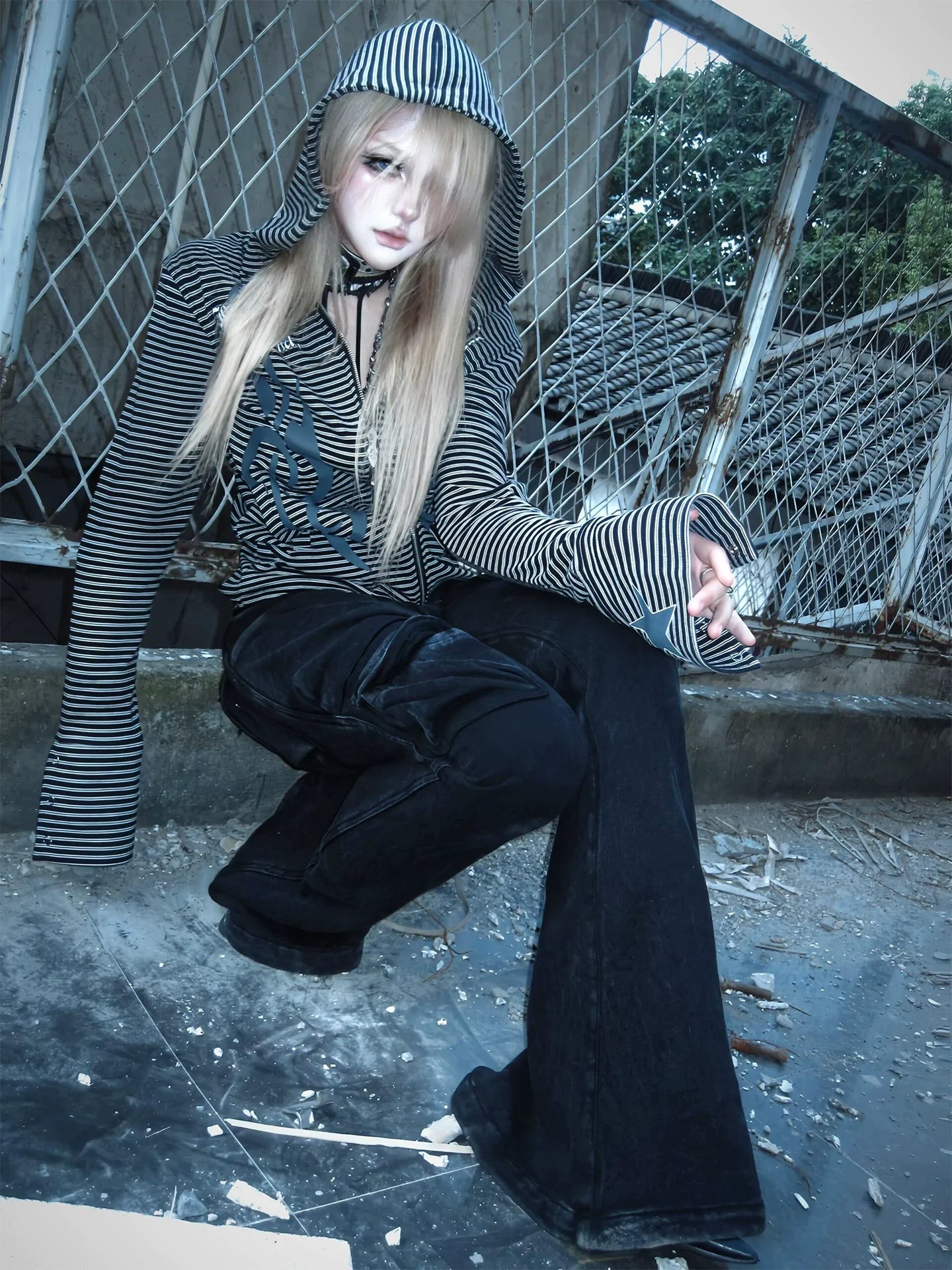 Y2K Striped Zip Up Hoodie Cardigan