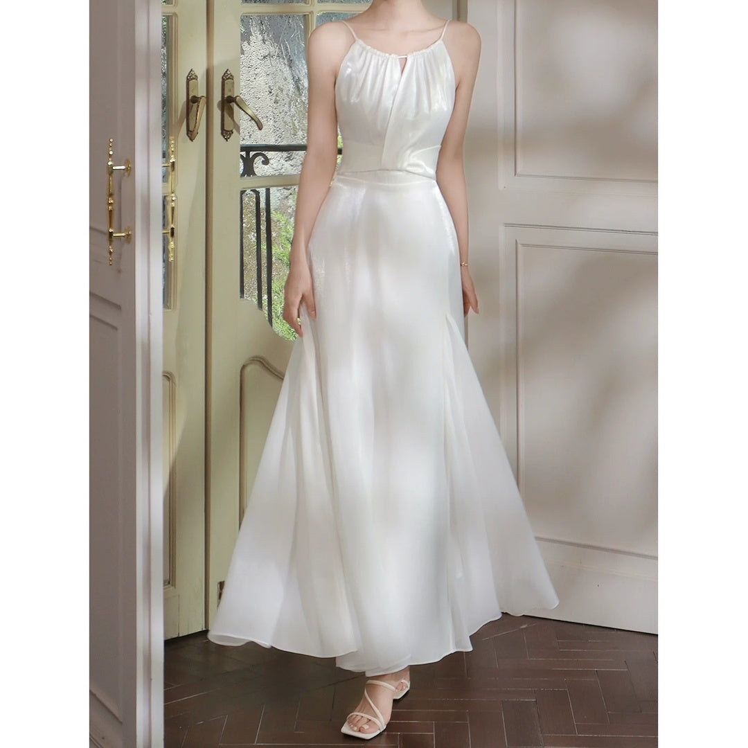 French Satin White Spaghetti Strap Gown Dress
