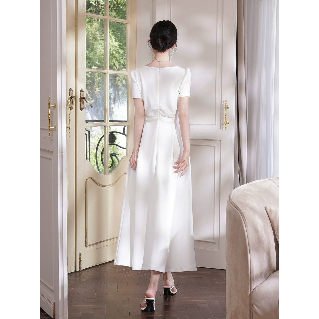 White Luxury Square Neck Gown Dress – French Waist Fitted Dress