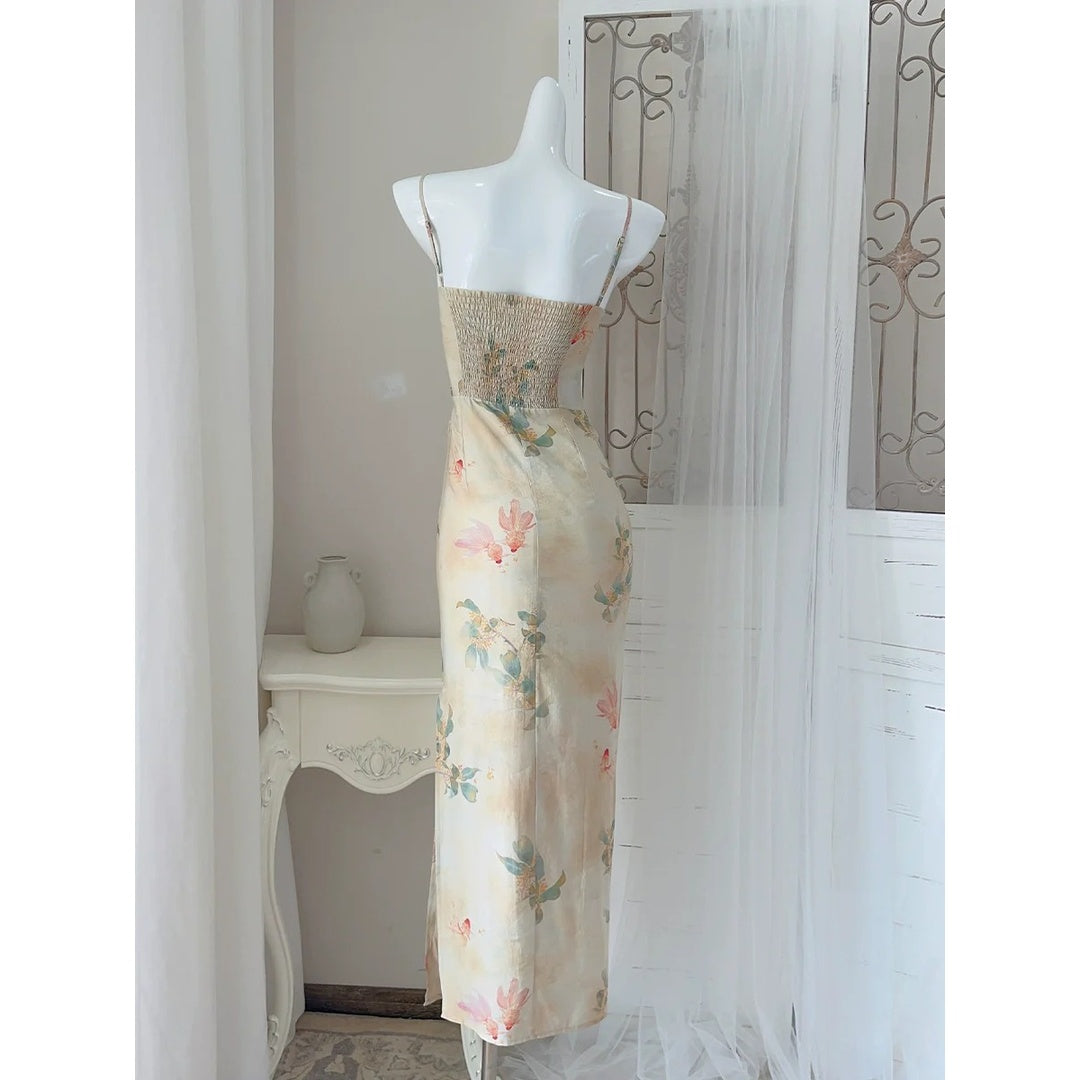 Ink Wave Chinese Spaghetti Strap Gown Dress – Artistic National Style Dress