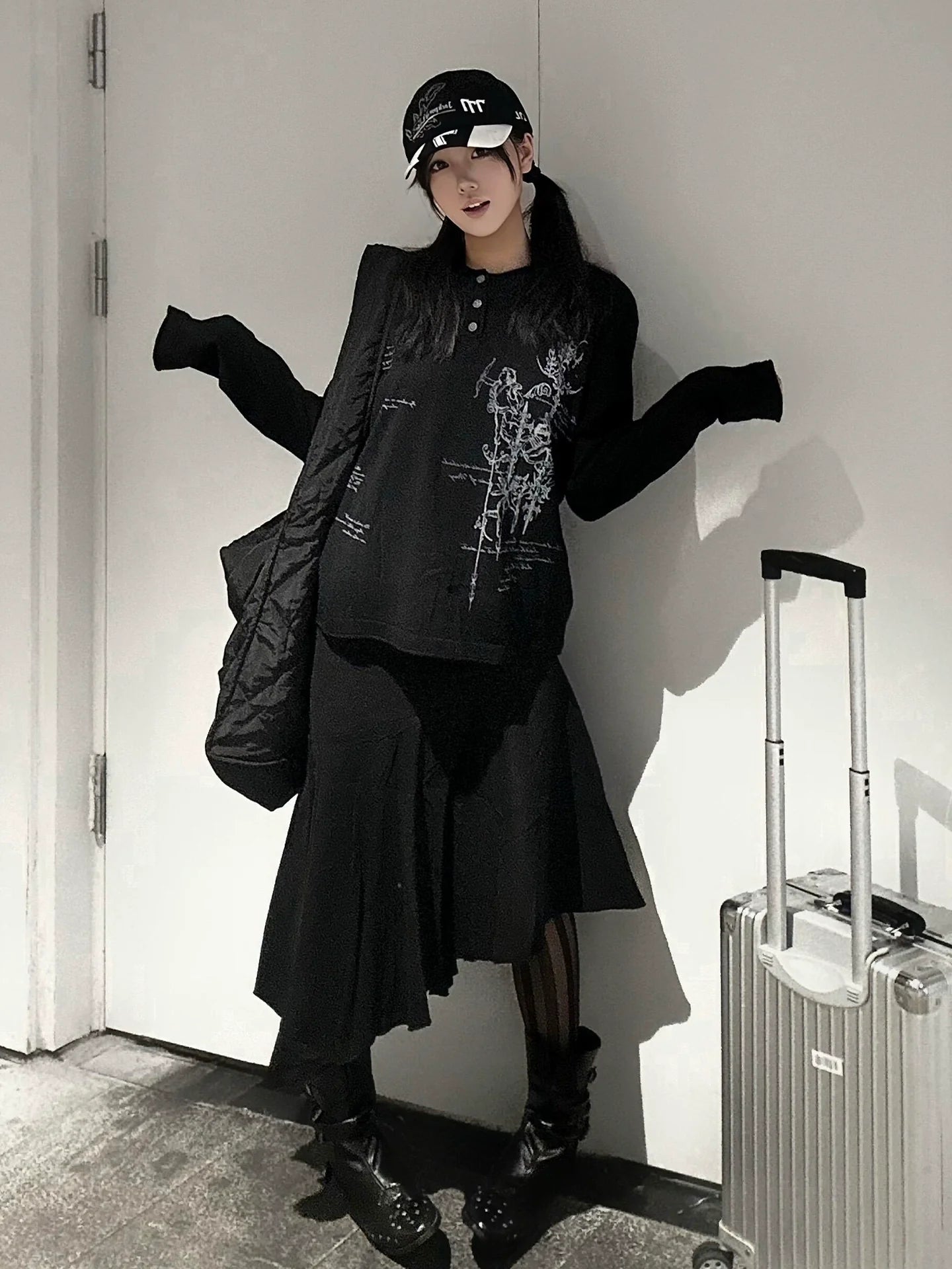 Y2K Subculture Rune Print Henley Long Sleeve Tee Loose Fit Punk Visual Kei Base Layer Top