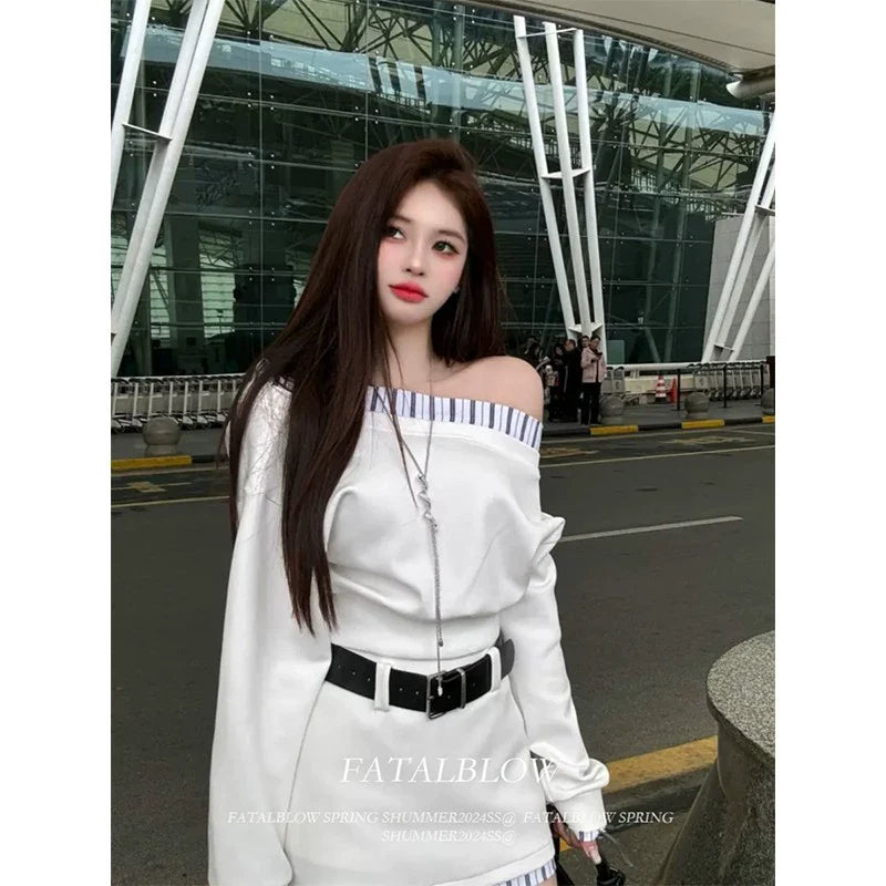 Korean Casual Asymmetrical Color-Block Sweatshirt & Skirt Dress Set