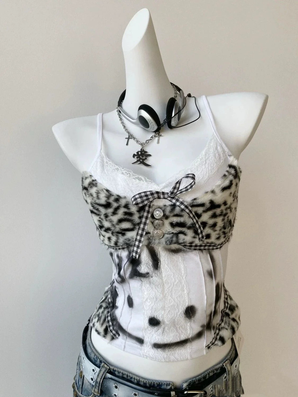 Fuzzy Leopard Print Cat Panel Y2K Tank Top