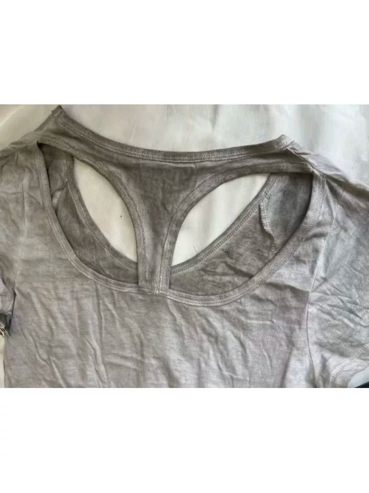 Gray Subculture Punk Y2K Abi E-girl American Retro Cutout Open-Back Print Short Sleeve Top