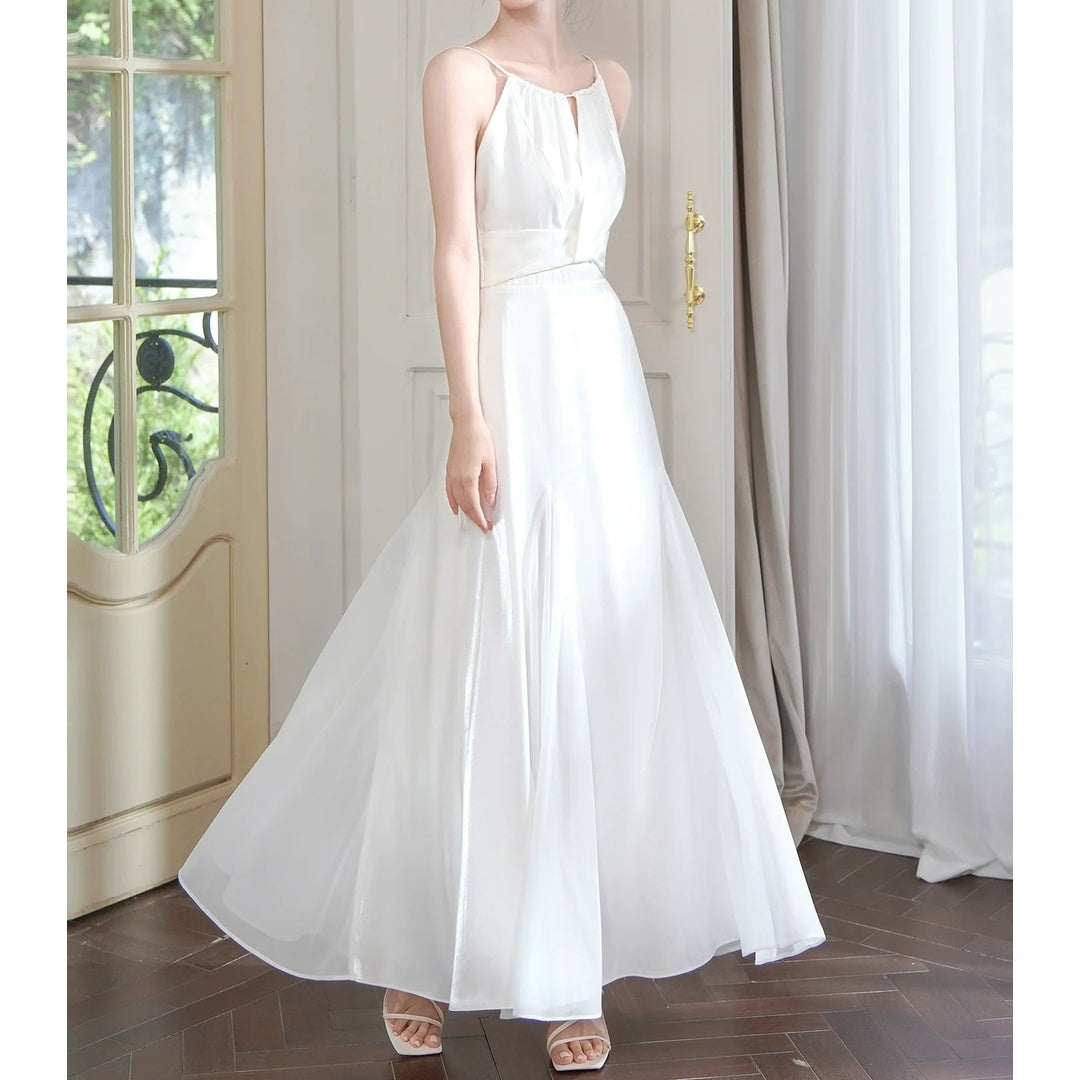 French Satin White Spaghetti Strap Gown Dress