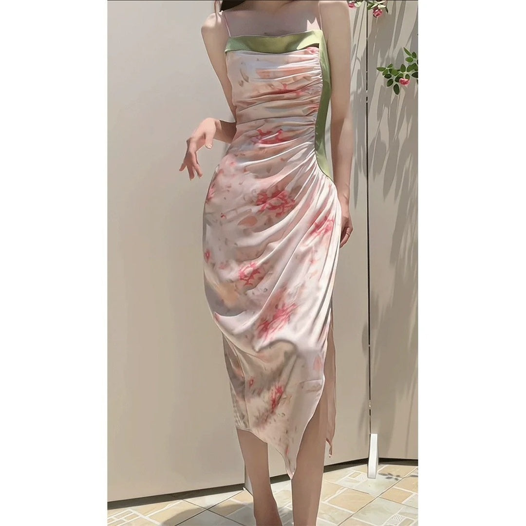 French Vintage Tea Party Green Floral Spaghetti Strap Gown – Summer Resort Dress