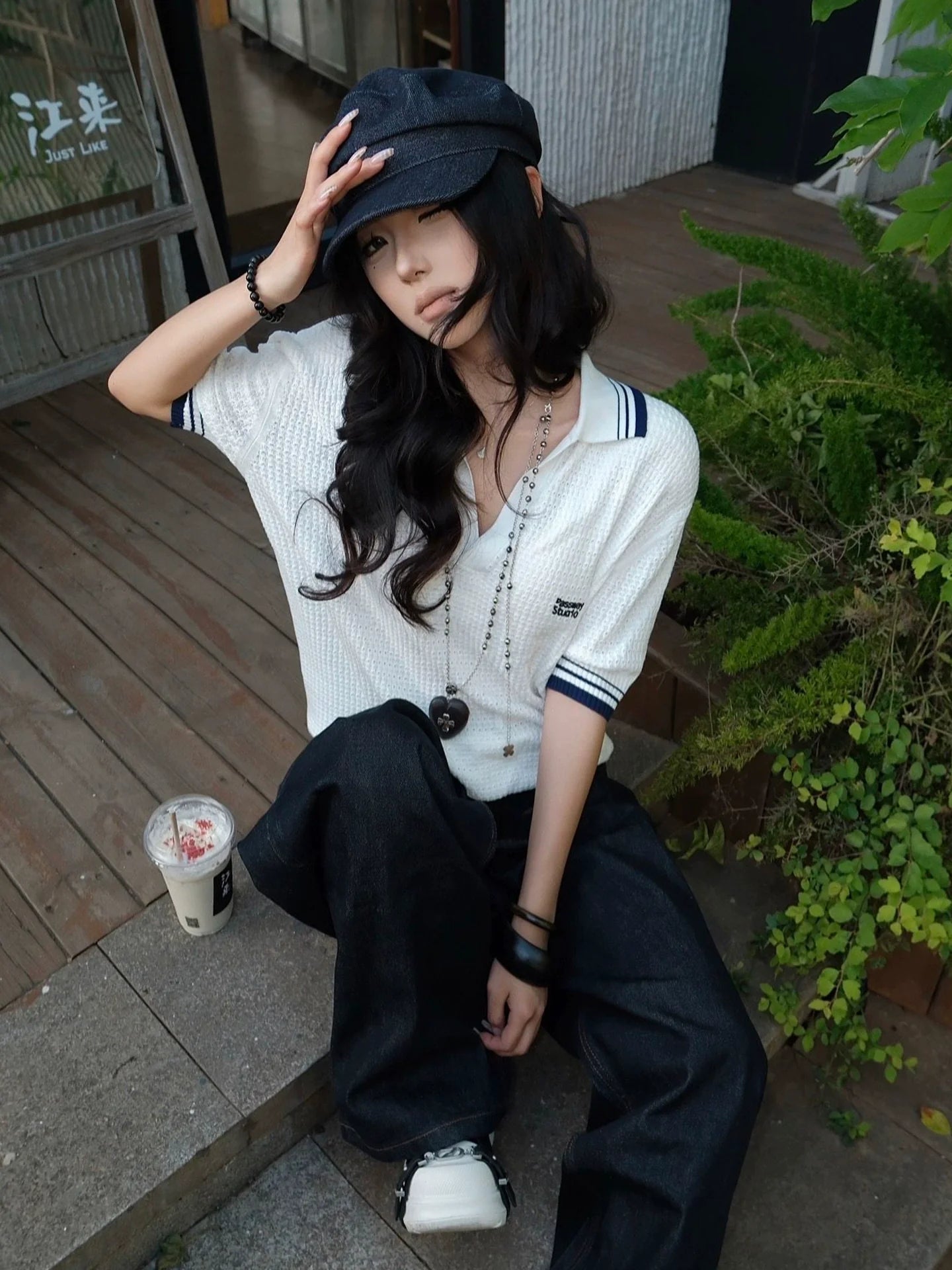 White Cutout V Neck Polo Knit Short Sleeve Top