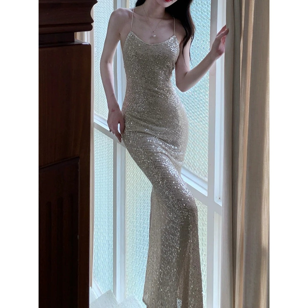 Silver Sequin French Evening Gown Dress