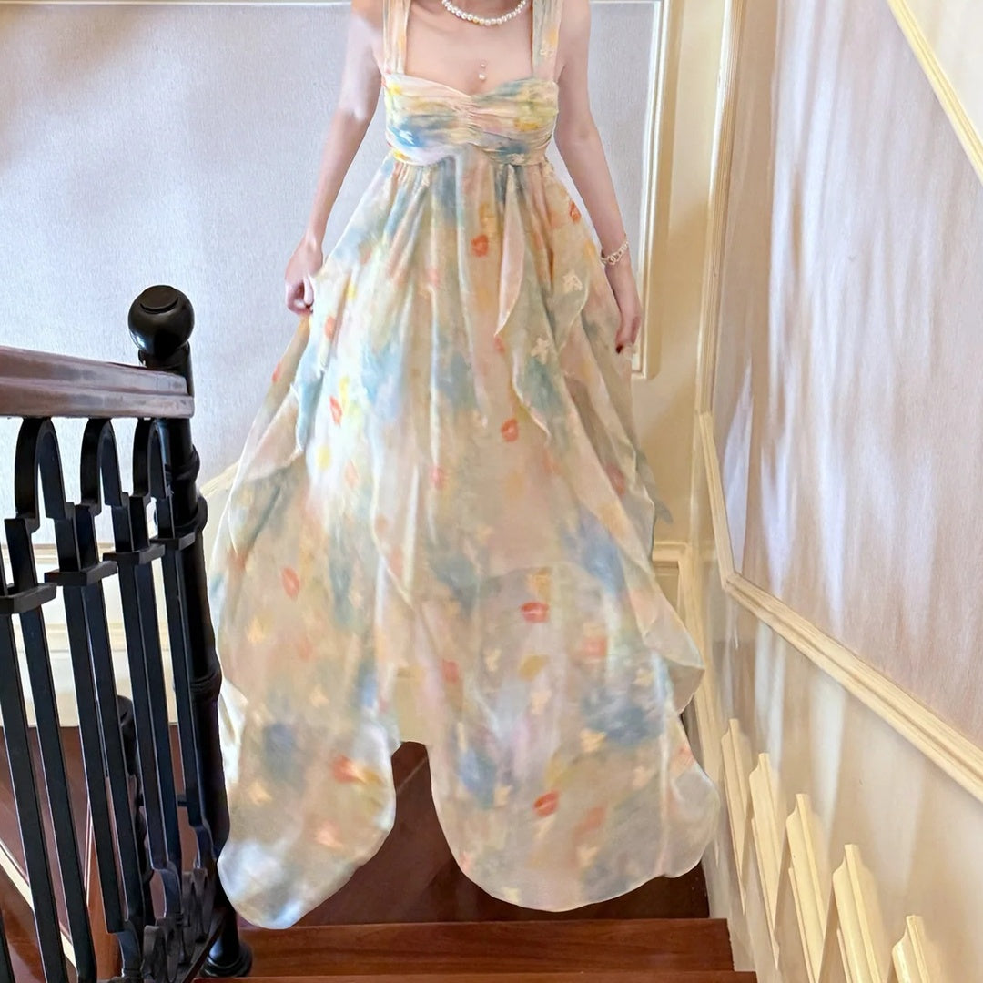 French Ruffle Butterfly Embroidered Spaghetti Strap Gown Dress