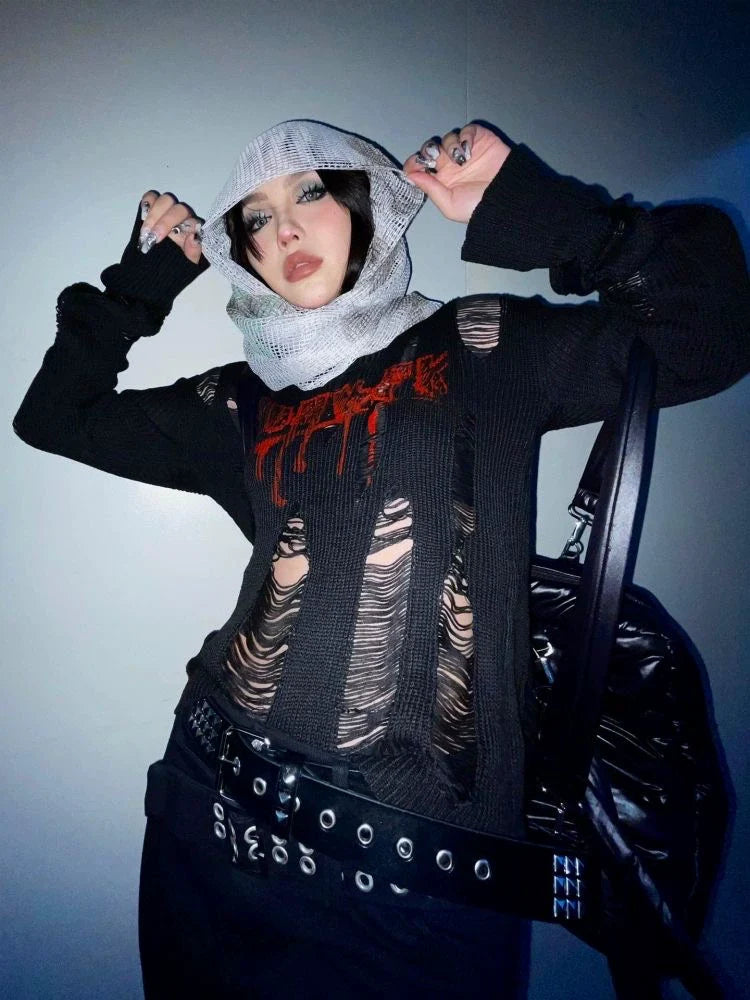 Black Subculture Gothic Rock Punk Y2K E-girl Abi Distressed Knit Long-Sleeve Top