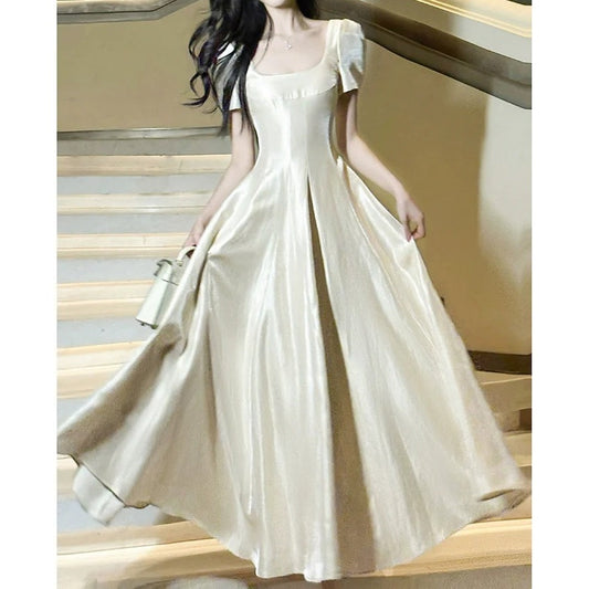 French Retro Square Neck Satin Gown Dress – Hepburn Style Engagement Dress