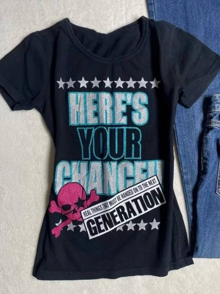 Blue Rock Punk Vintage Skull Print Y2K T-Shirt