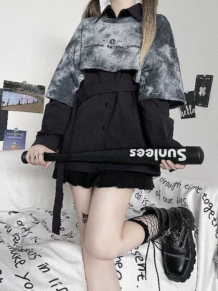 Blue Tie-Dye Hoodie Two-Piece Set Subculture Y2K E-girl Light Subculture American Retro Abi Long-Sleeve Shirt Set