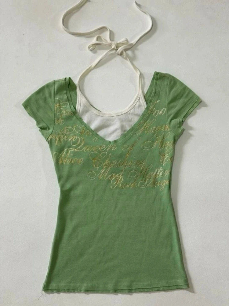 Vintage Green Fake Two-Piece Y2K T-Shirt