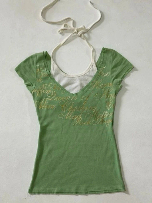 Vintage Green Fake Two-Piece Y2K T-Shirt