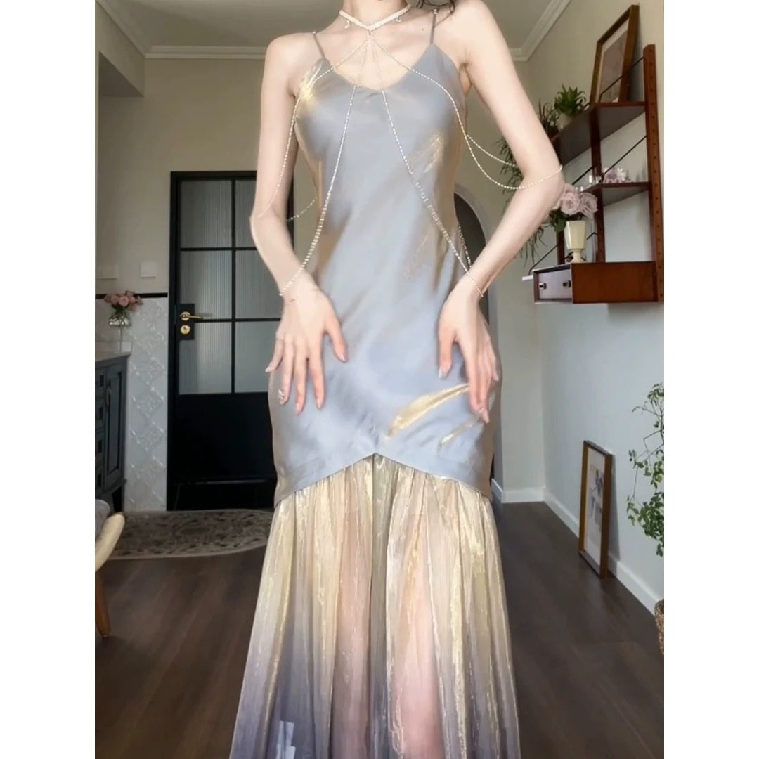 Holographic Iridescent Spaghetti Strap Mermaid Gown Dress