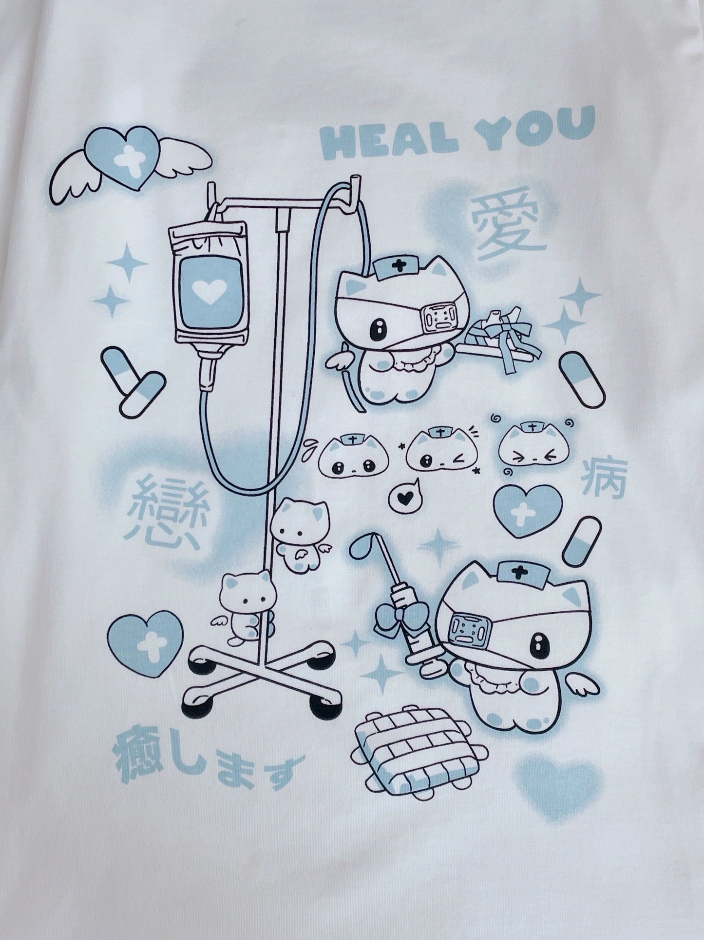 Light Blue (Mizuiro) Subculture Y2K E-girl Nurse Cat Striped Asymmetrical-neck Print Oversized Top