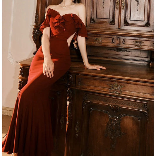 French One Shoulder Mermaid Cutout Waist Gown Dress