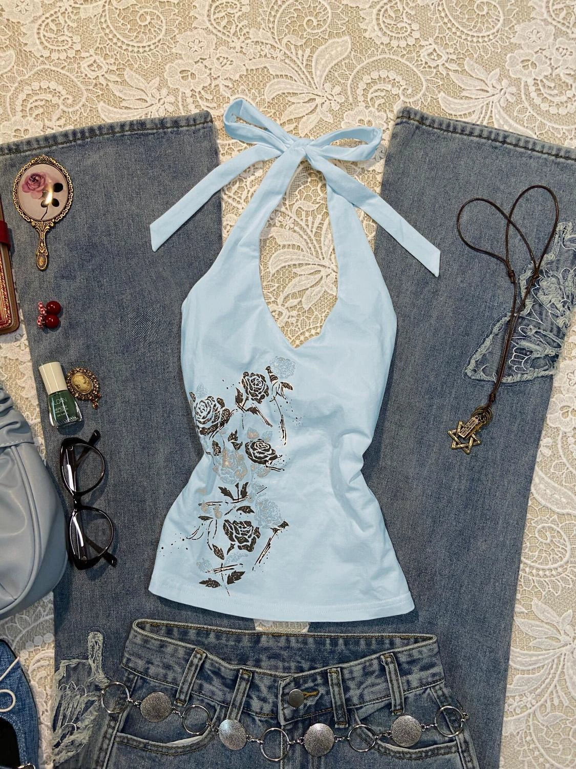 Blue American Vintage Rose Print Halter Y2K Tank Top