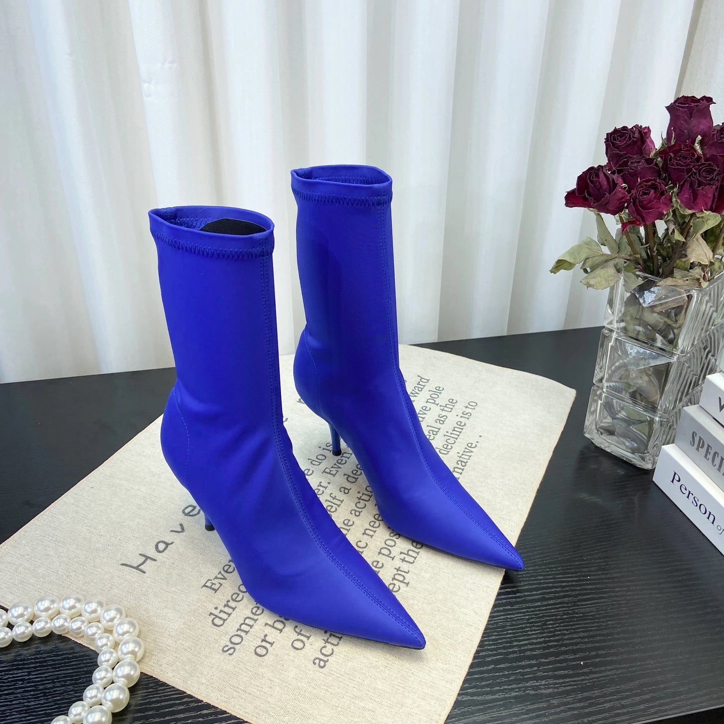 European Sexy High Heel Slim Boots Spring Autumn Colorful Mid Calf Sock Boots Pointed Toe Thin Heel Stretchy Boots Women