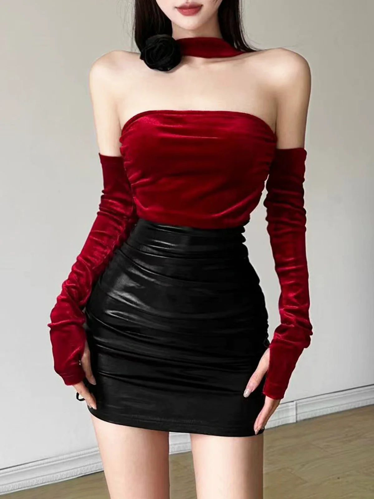 Cold & Chic Boss Lady Color-Block PU Leather Halter Dress With Arm Sleeves