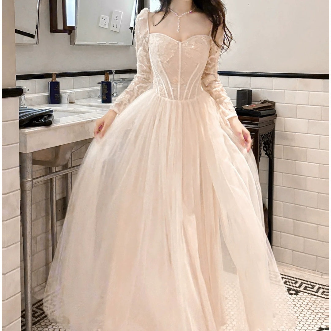 French Luxury Mesh Long Sleeve Bone Gown Dress