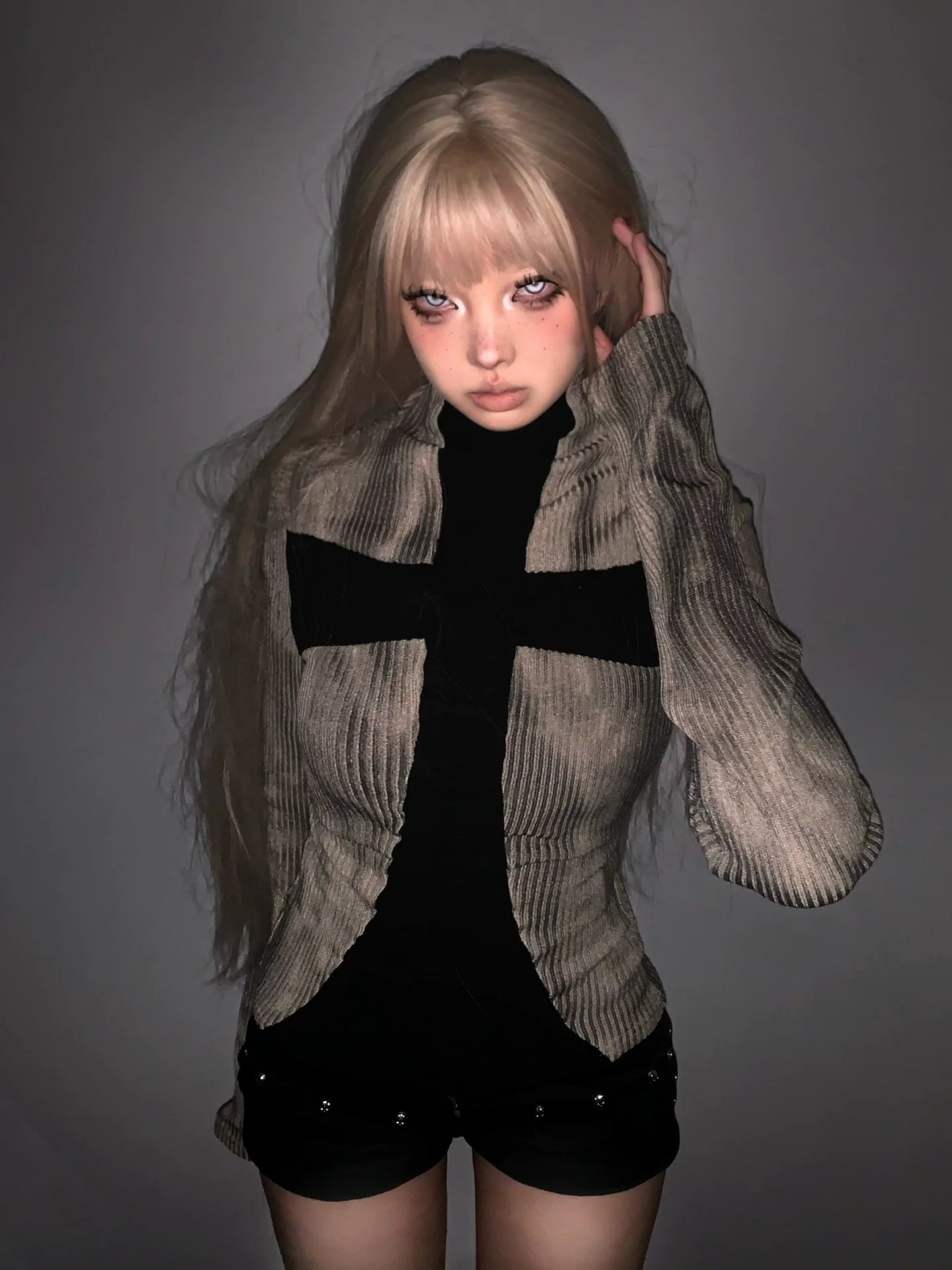 Y2K Subculture Cross Knit Long Sleeve Top  Gothic Slim Fit Punk Visual Kei Shirt