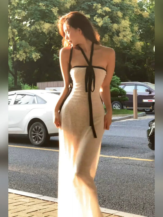 Pure Desire Sexy White Open-Back Halter Tube Top Waist-Cinched Maxi Dress