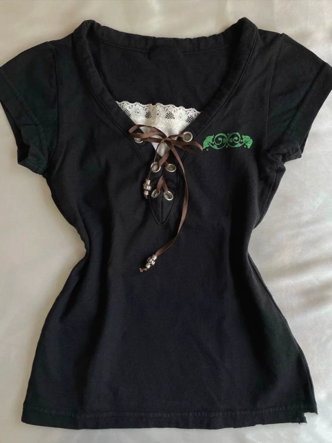 Black V-neck Fake Two-Piece Subculture Y2K E-girl Abi Vintage Short Sleeve Top