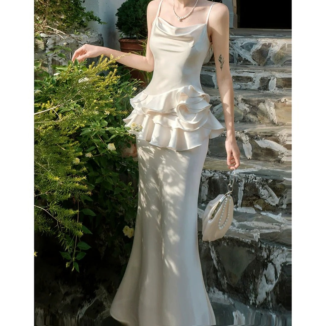 French Floral Satin Spaghetti Gown Dress – High-End Party Dress