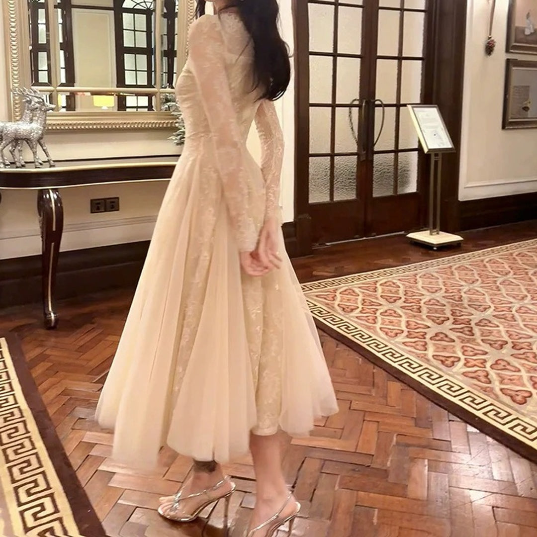 French Vintage Long Sleeve Lace Gown Dress