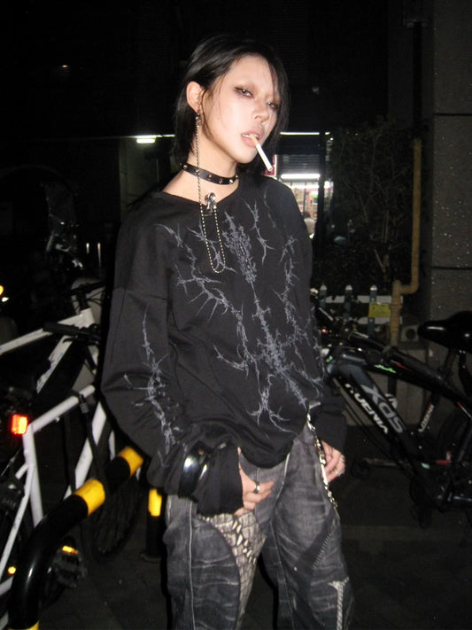 Y2K Black Curved Knife Long Sleeve Punk Tee