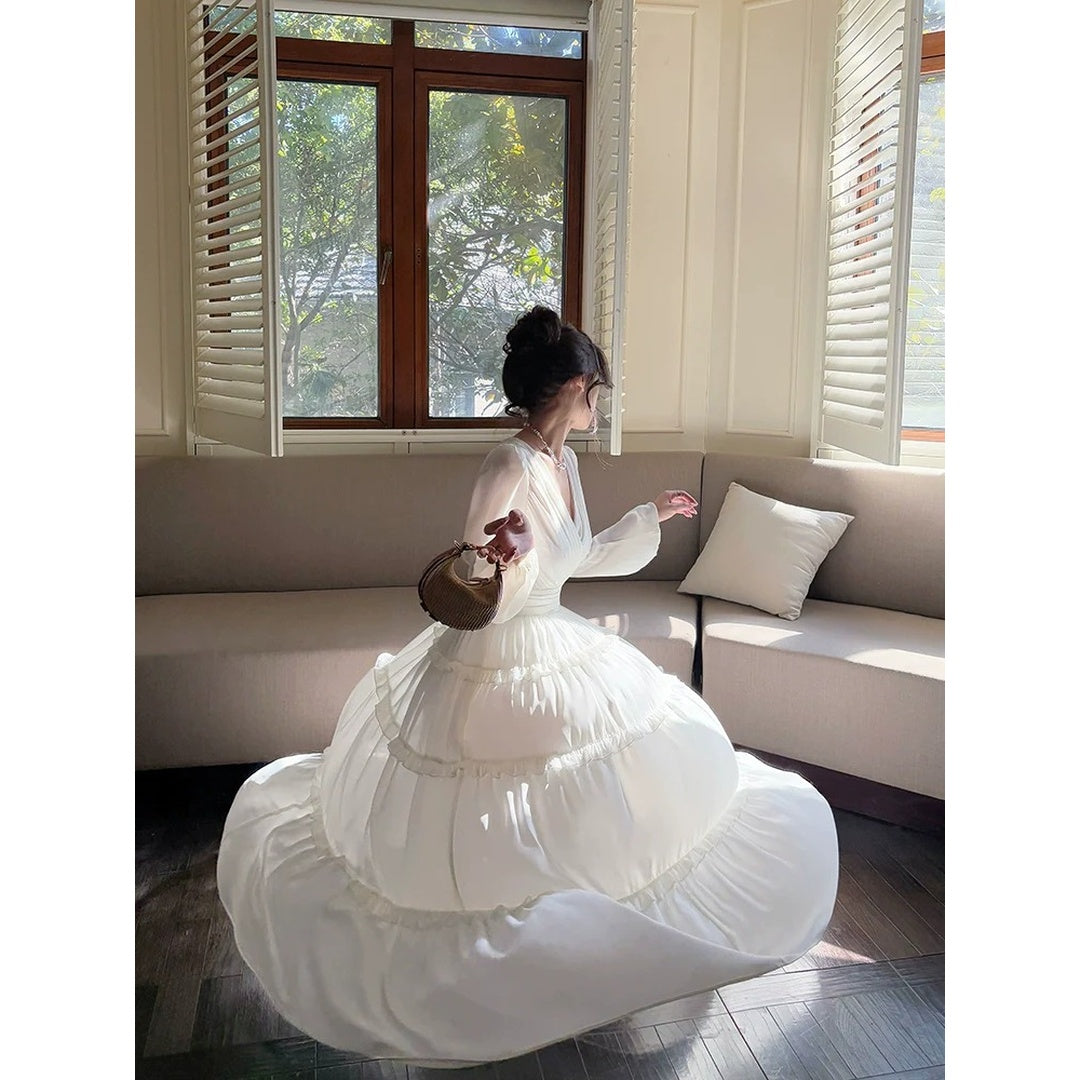 French Chiffon V Neck Ruffle Bubble Sleeve Gown Dress