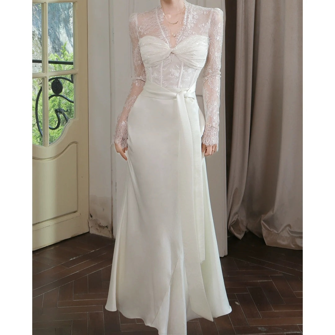 French Satin Long Sleeve Mermaid Gown Dress