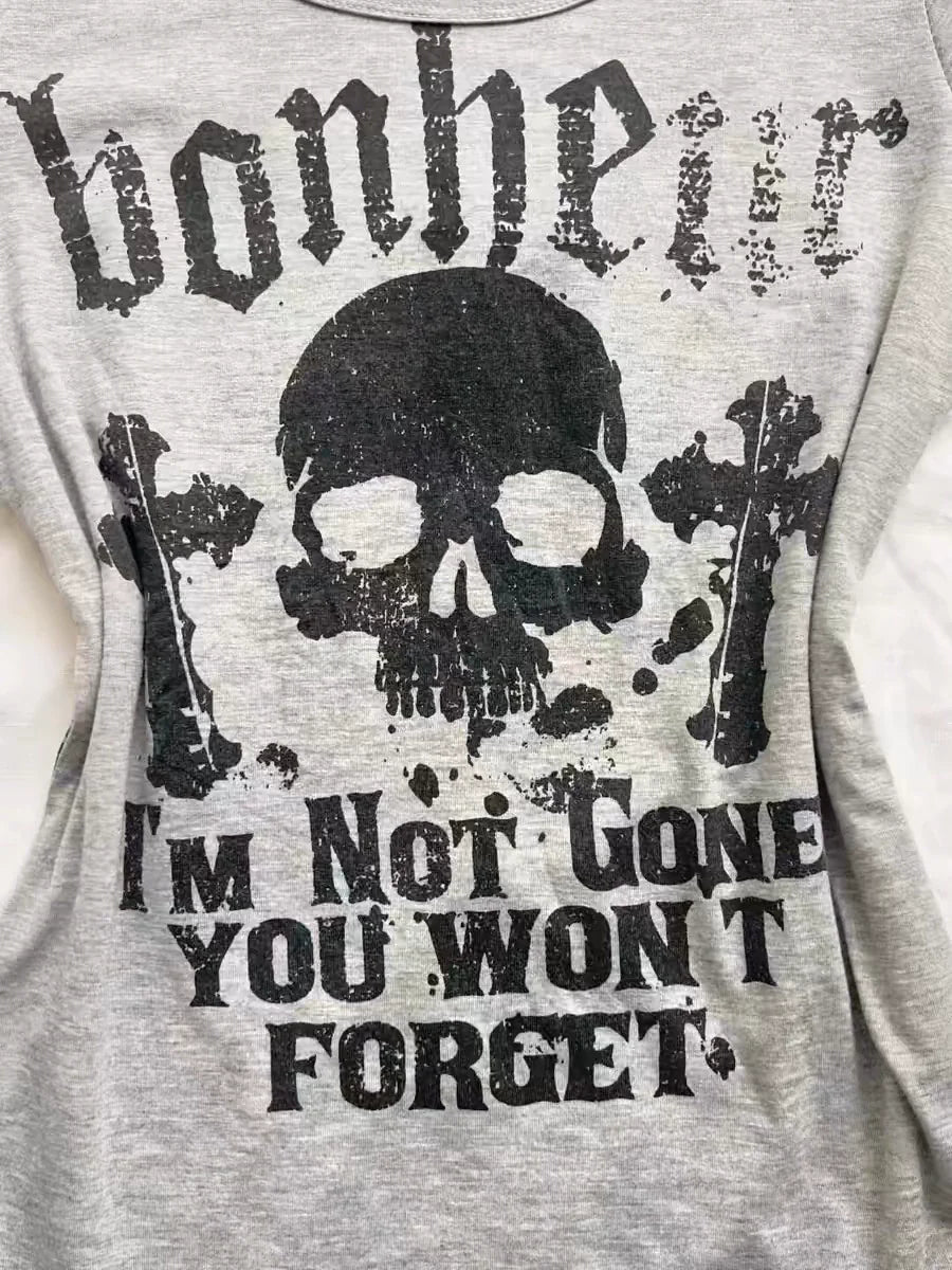 Gray Skull Letter Print Slim Tee Y2K Top