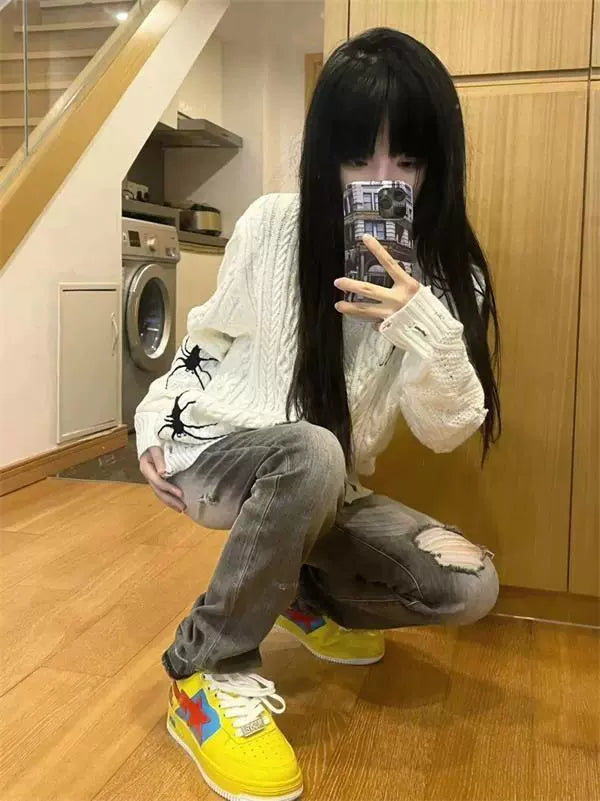 Y2K Punk Spider Embroidered Distressed Sweater