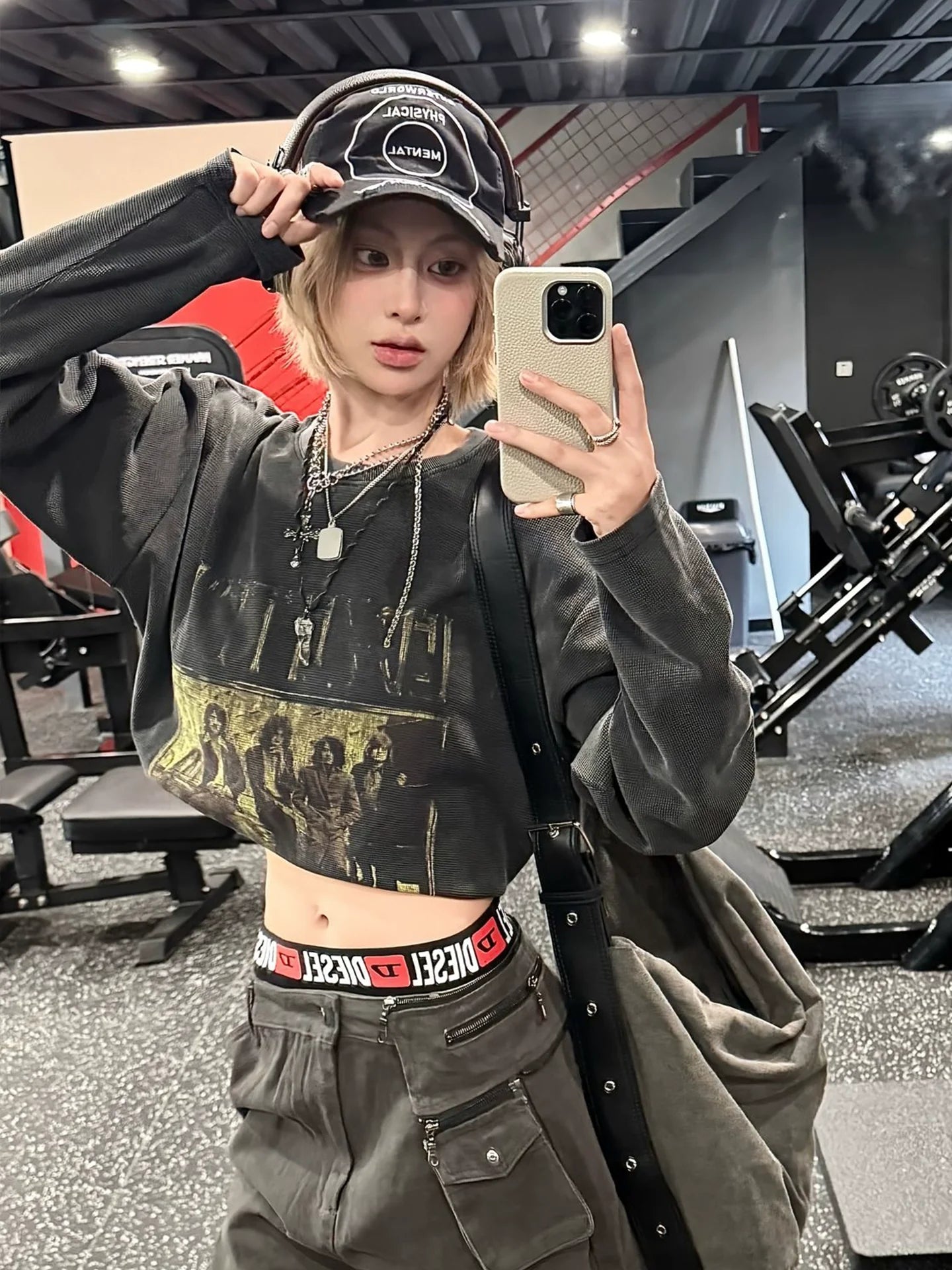 American Vintage Waffle Long Sleeve Tee Heavy Washed Retro Top