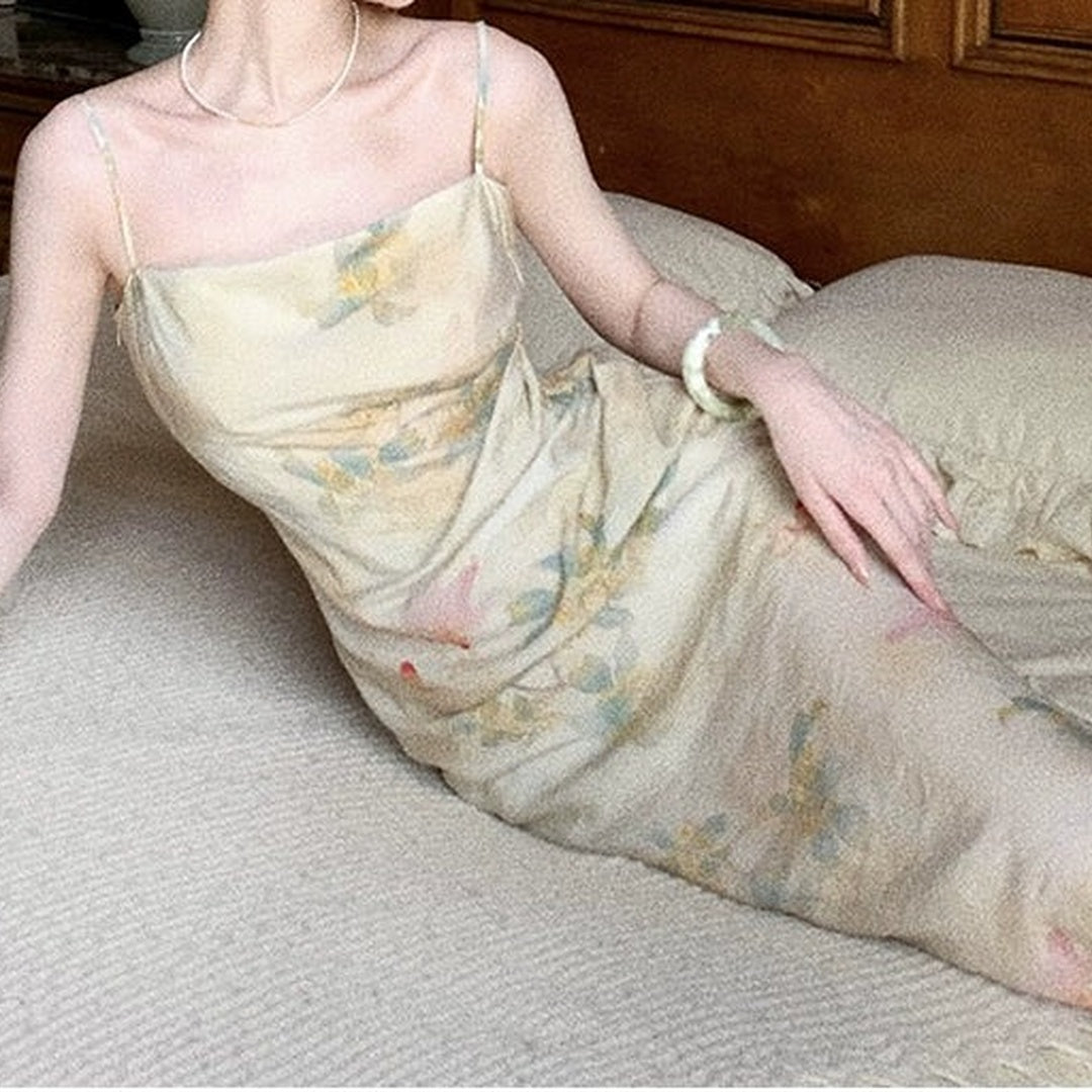 Ink Wash Halter Slit Cheongsam Gown Dress