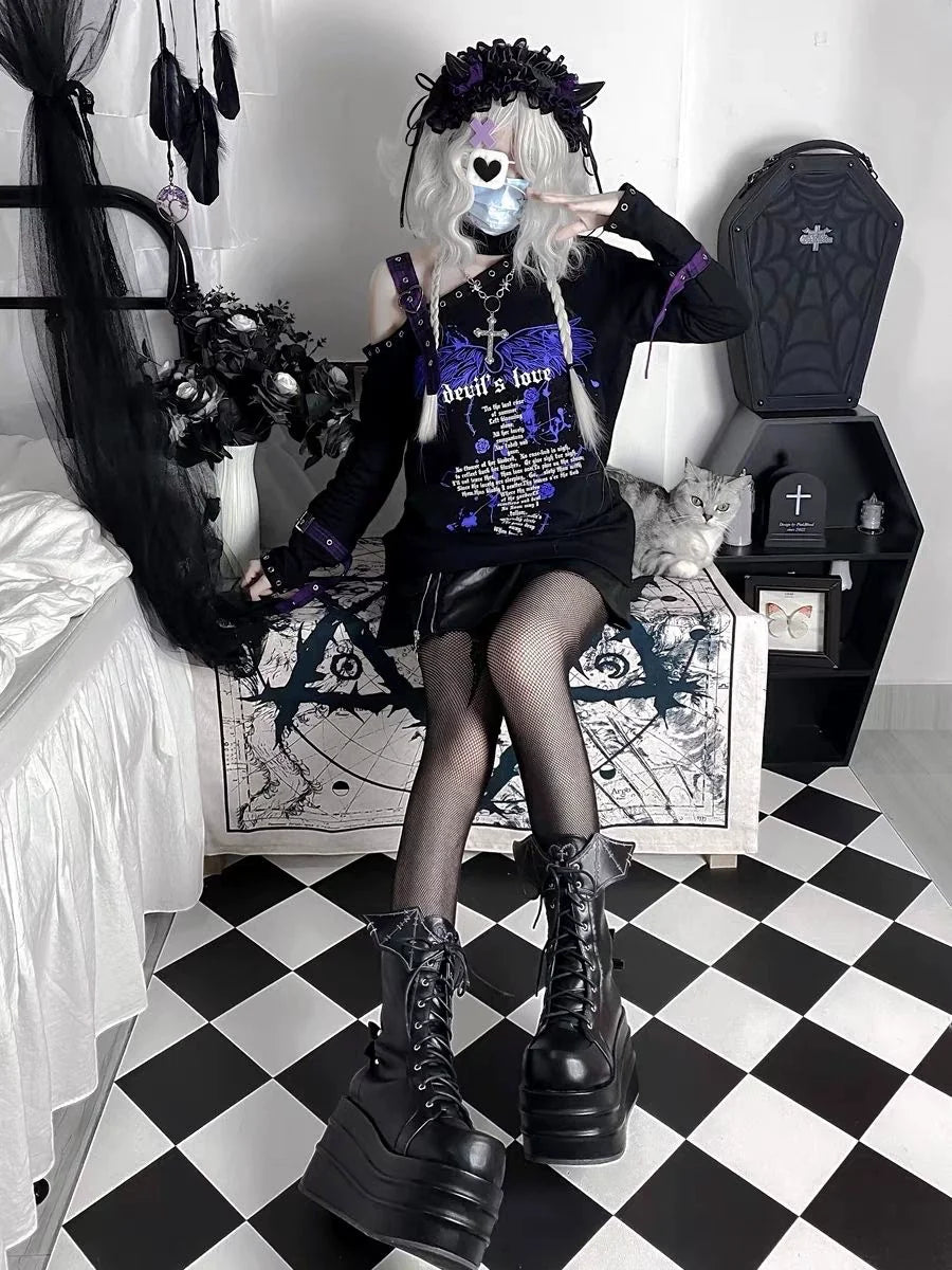 Black Demon Love Cross-Chain Off-Shoulder Hoodie Y2K Hoodie