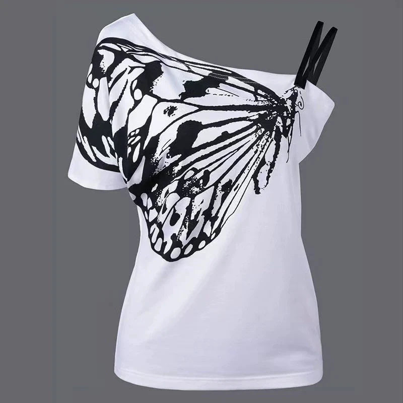 White Subculture Punk Y2K E-girl Butterfly Print Off-Shoulder Niche Slim Top