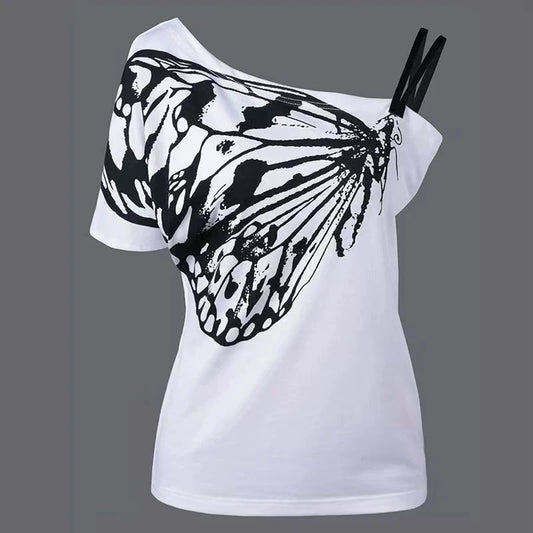 White Subculture Punk Y2K E-girl Butterfly Print Off-Shoulder Niche Slim Top