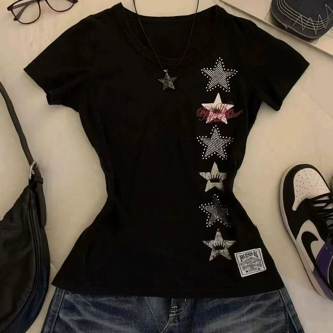 Black American Vintage Print Regular-Shoulder Slim Y2K T-Shirt